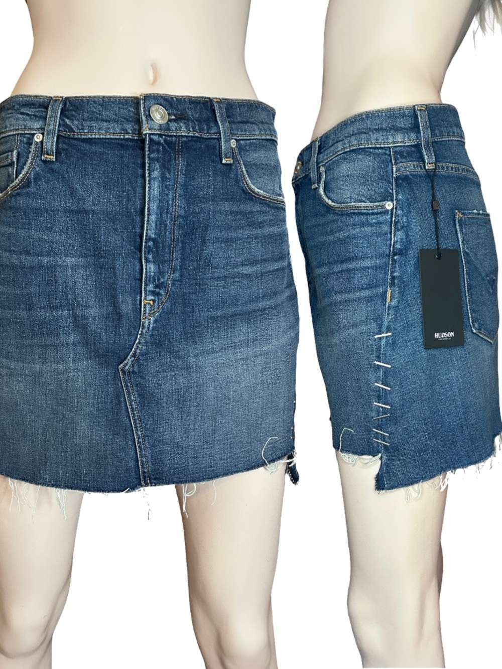 Hudson USA Viper Mini Denim Jean Skirt Unique Staple Studs Medium Wash Raw Hem